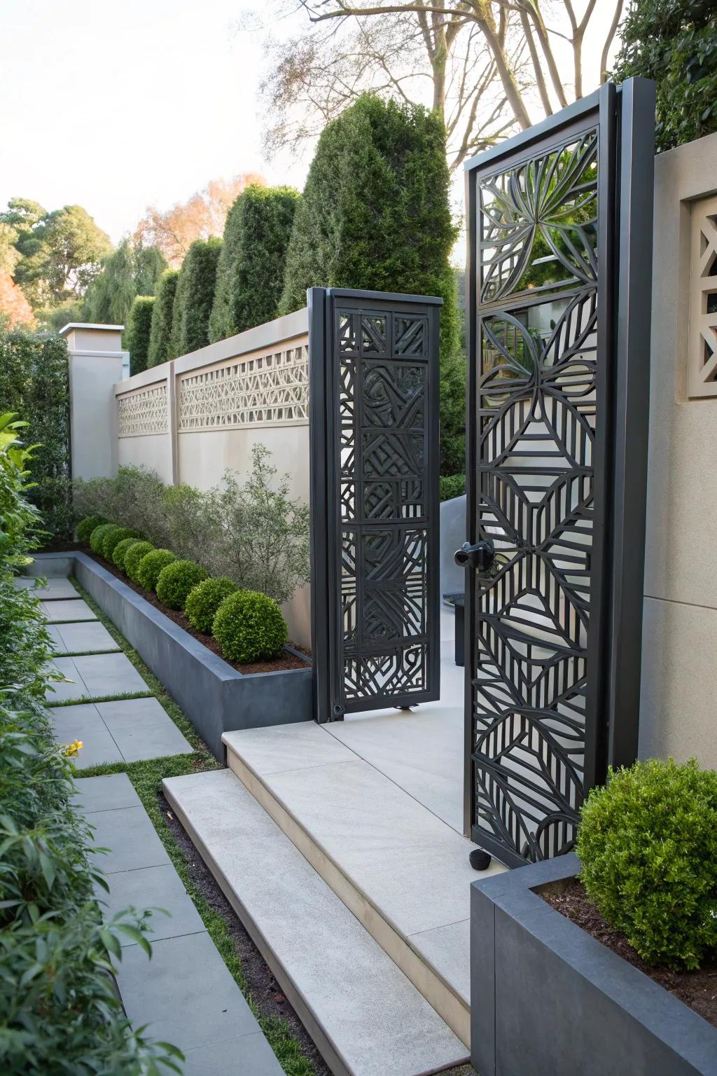 A geometrical-patterned entrance that acts as an art piece.