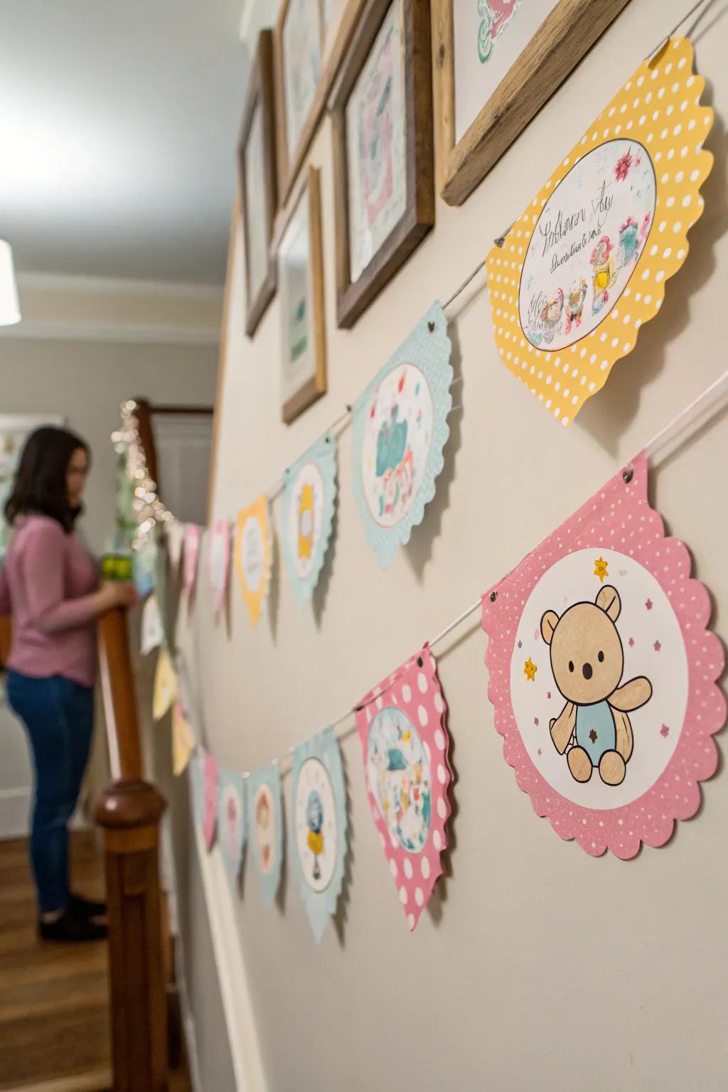 A DIY paper garland featuring baby-themed cutouts for a personal touch.