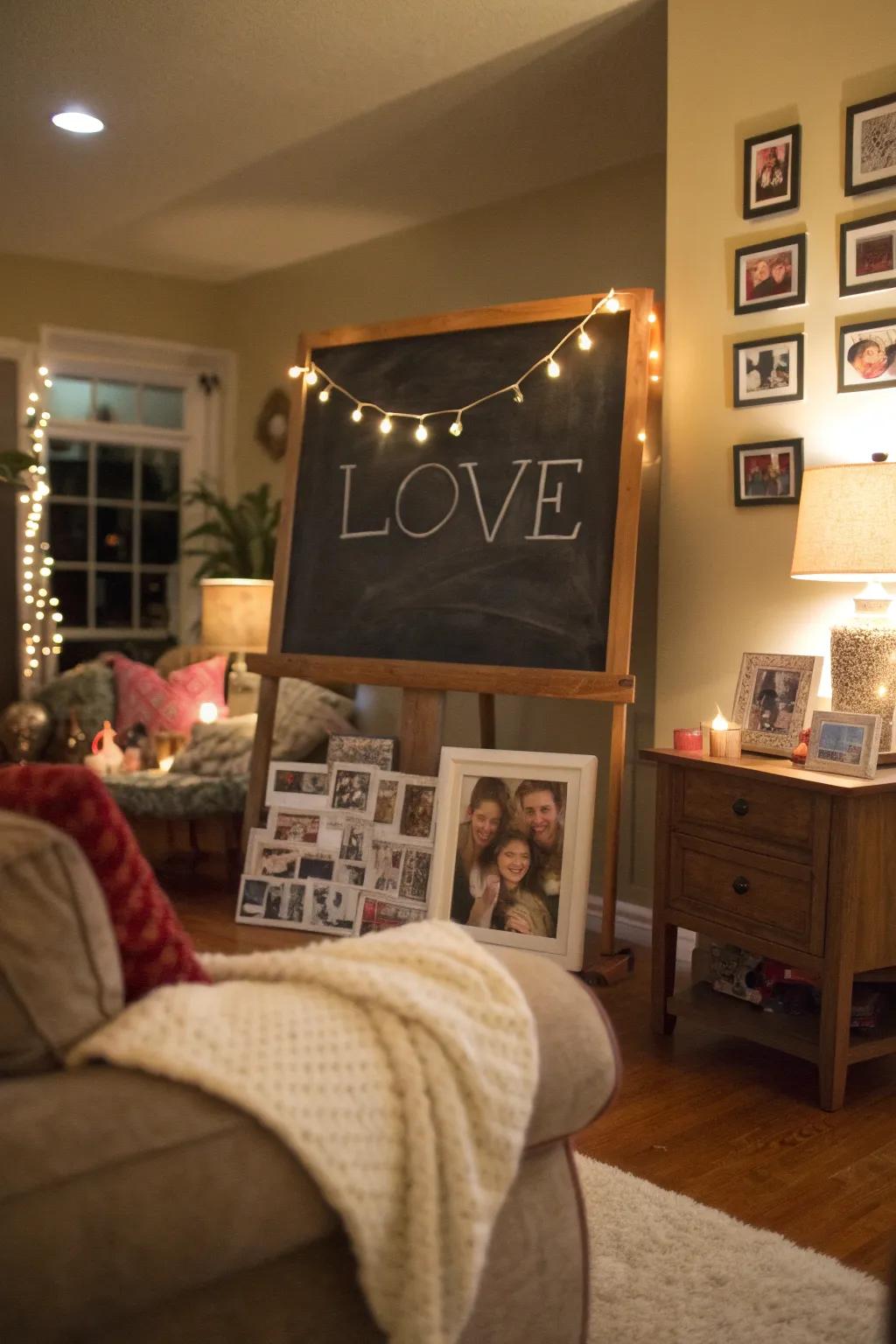 A living room chalkboard featuring a quote about home and heart.