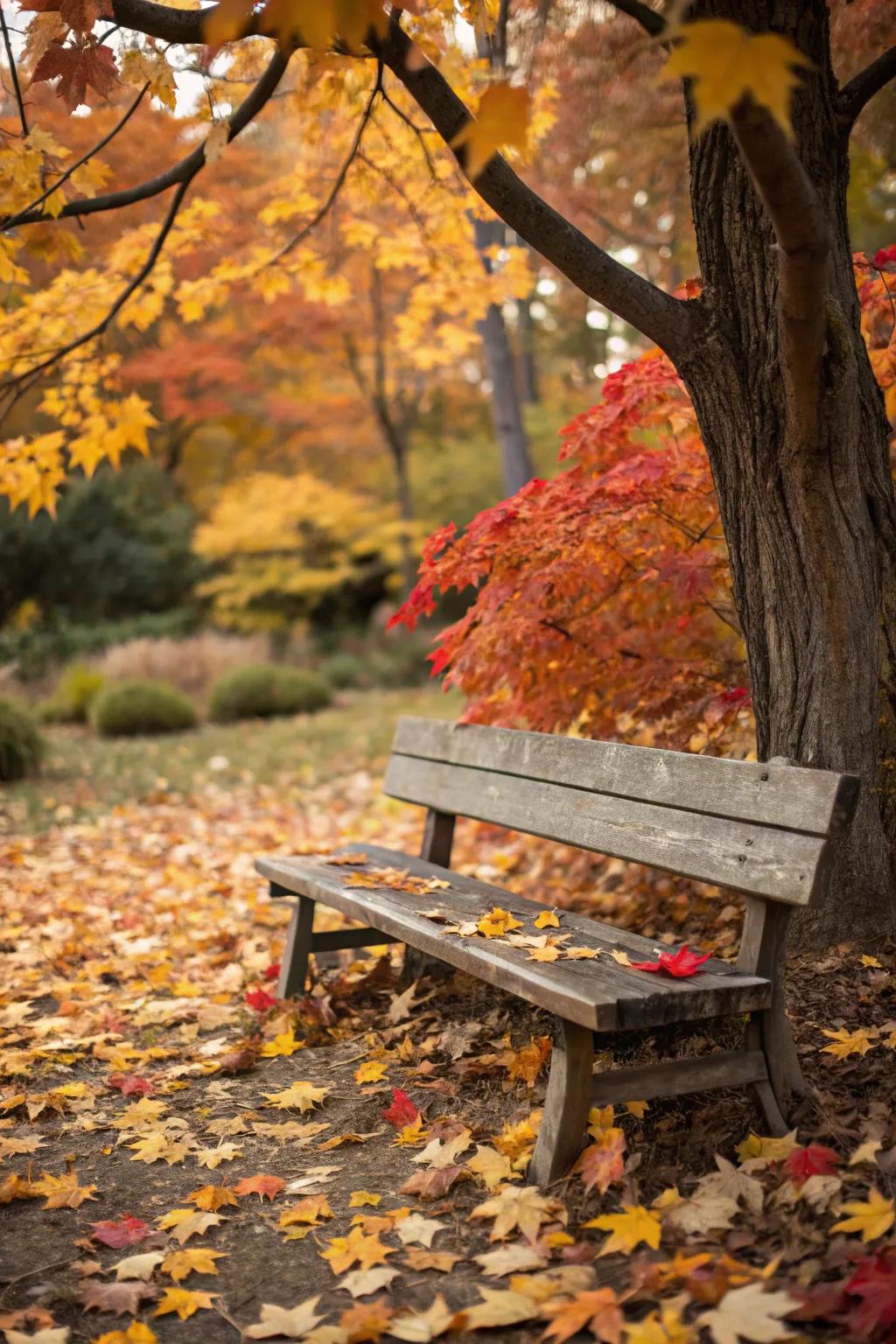 A timber seating structure accentuates the natural allure of autumn.