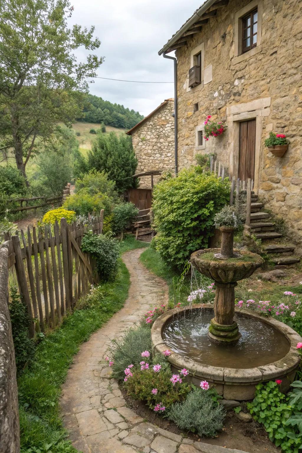 A soothing water feature enhancing the garden's tranquility.