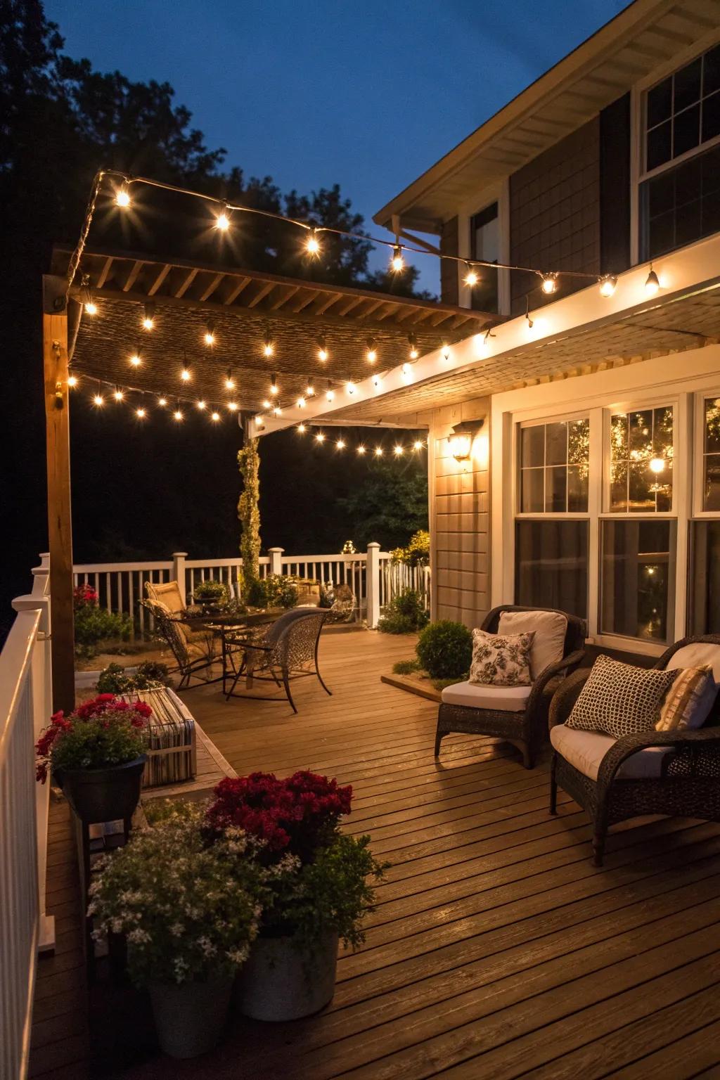 String lights add a touch of magic to the porch's evening ambiance.