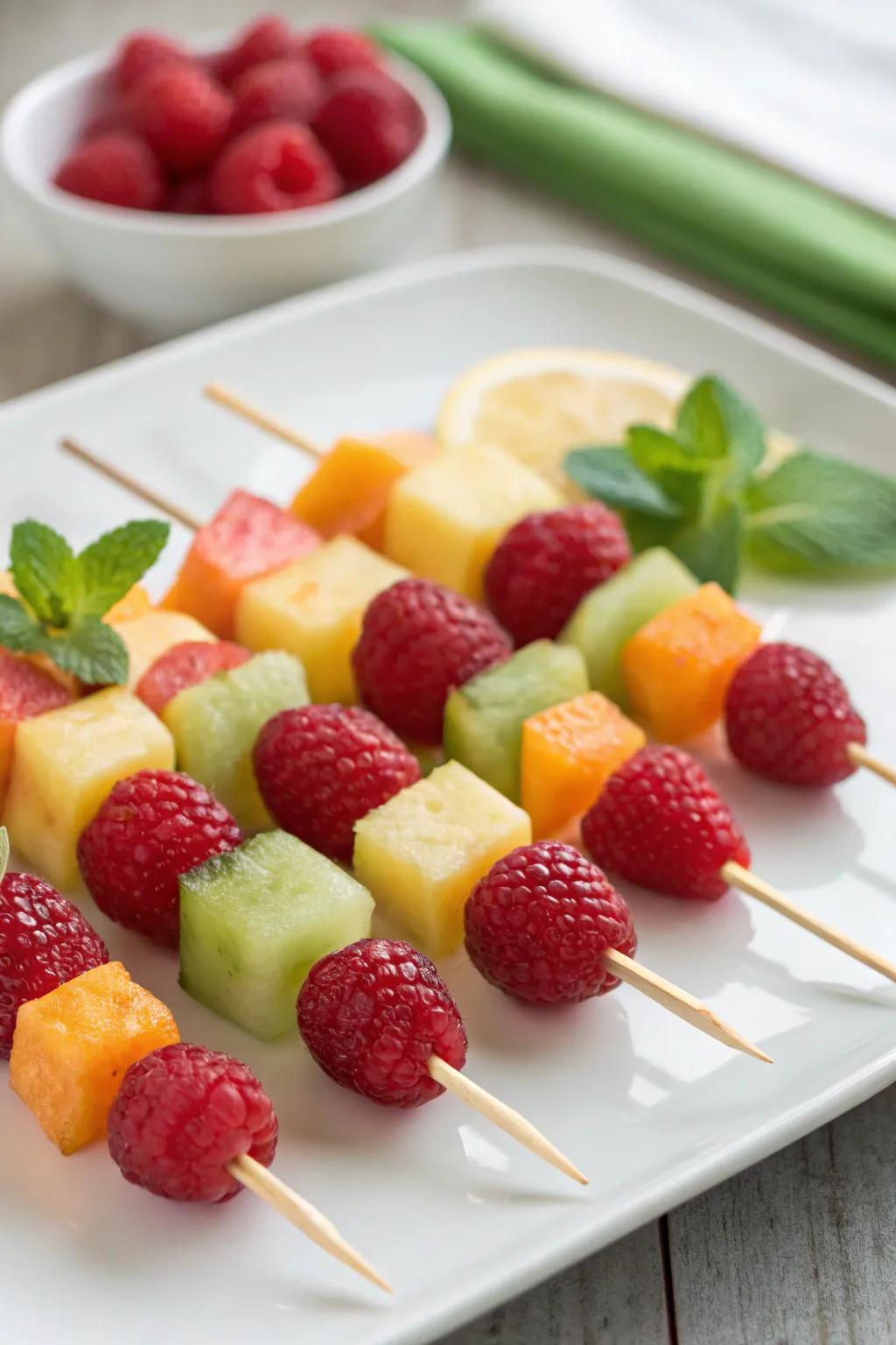 Fruit kabobs offer a playful twist on serving.