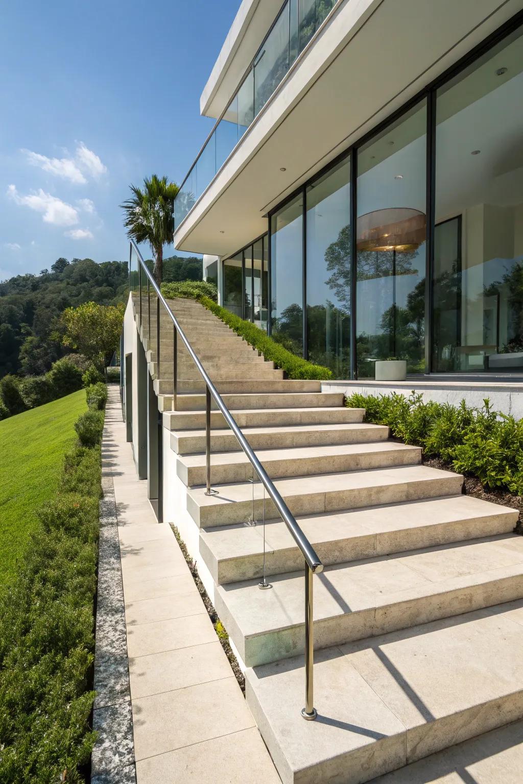 Suspended handrails conjure a sleek and modern illusion.