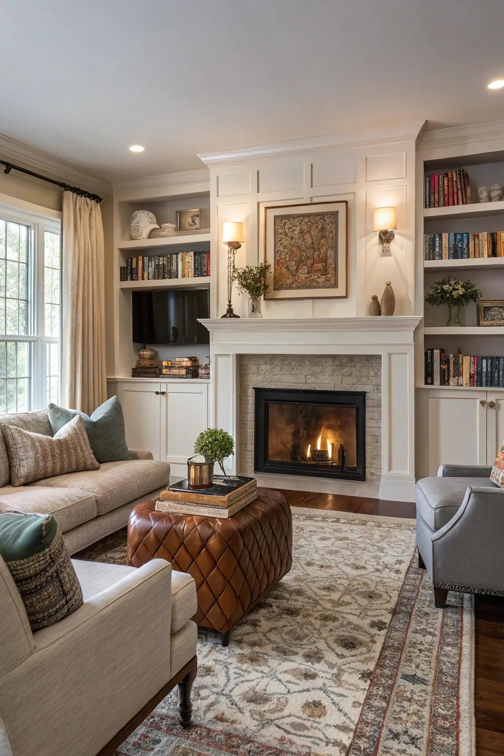 A focal point like a fireplace anchors the living room design.