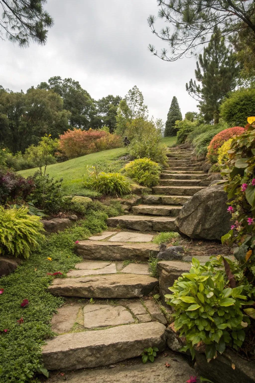 Rock steps merge functionality with natural allure.