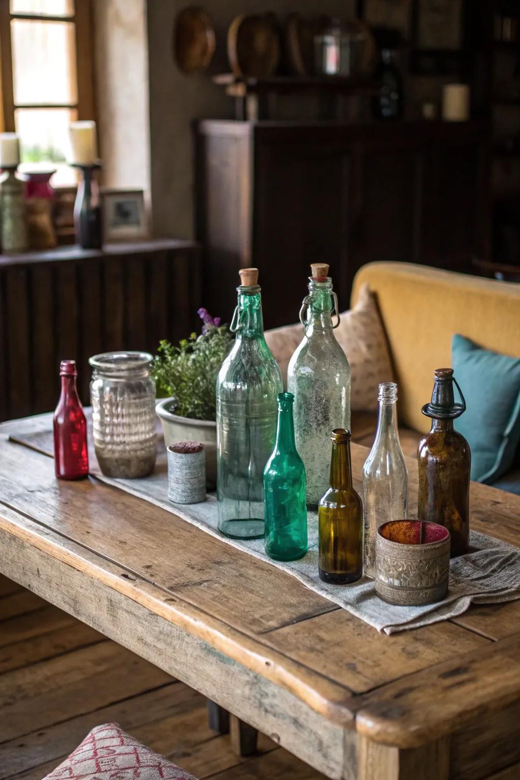 Vintage glass flacons adding character to a rustic table.