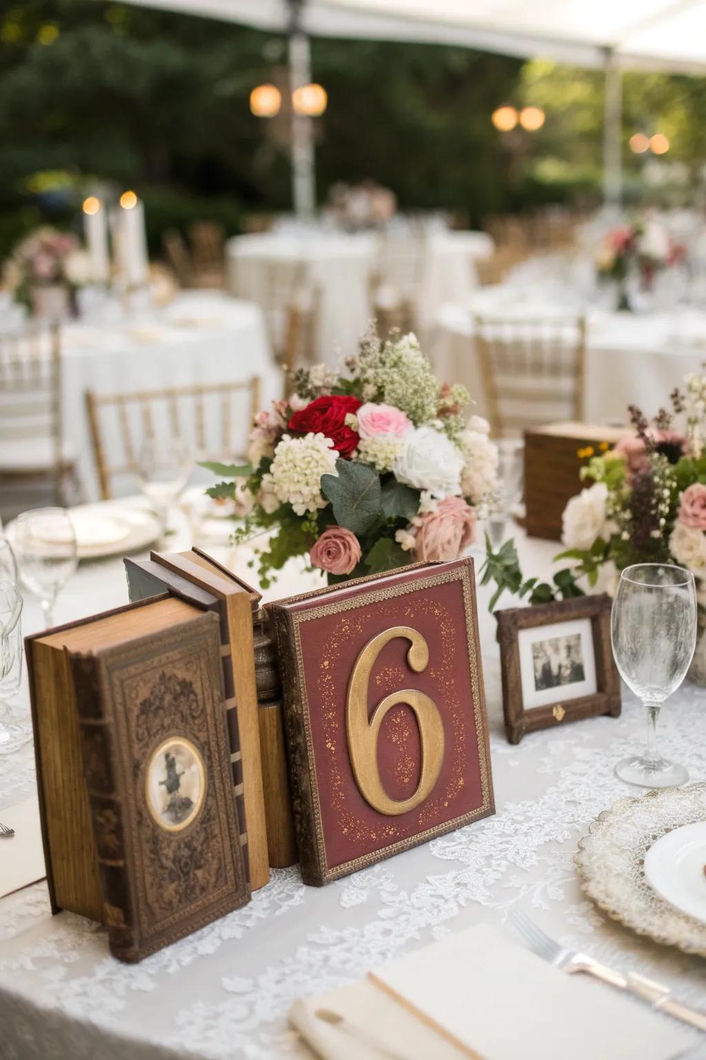 Creative table designations displayed in books add character and charm.