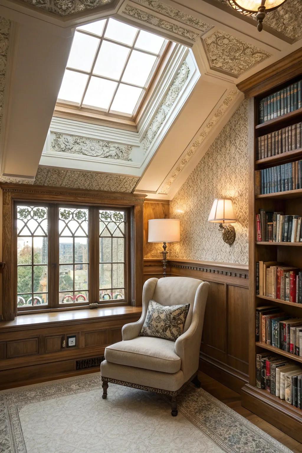 A reading nook using a skylight featuring vintage-style trim.