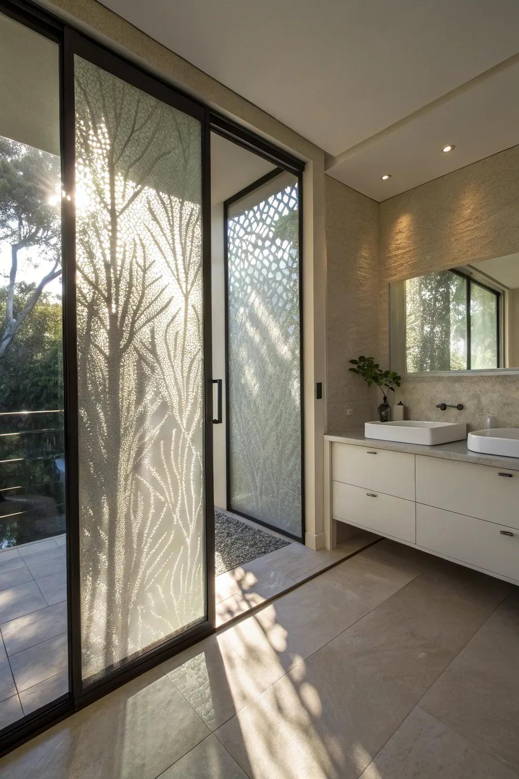 Textured glass sliding doors add intrigue and visual depth to this bathroom.