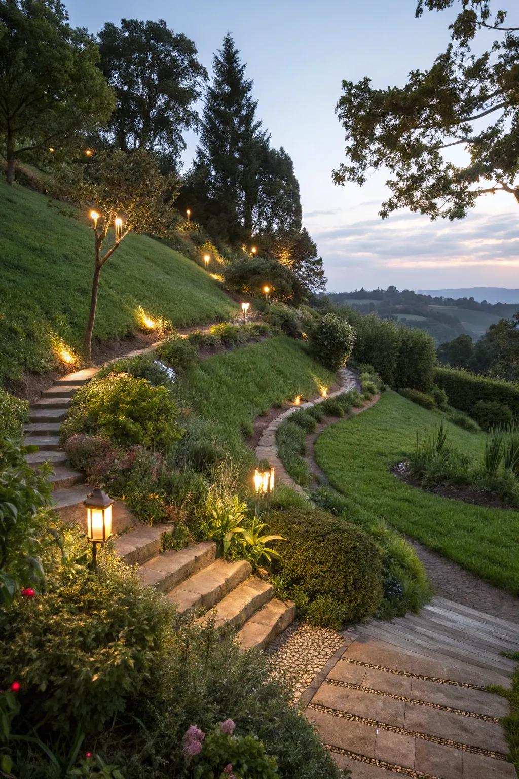 Sun-powered lights brighten paths in an eco-friendly way.