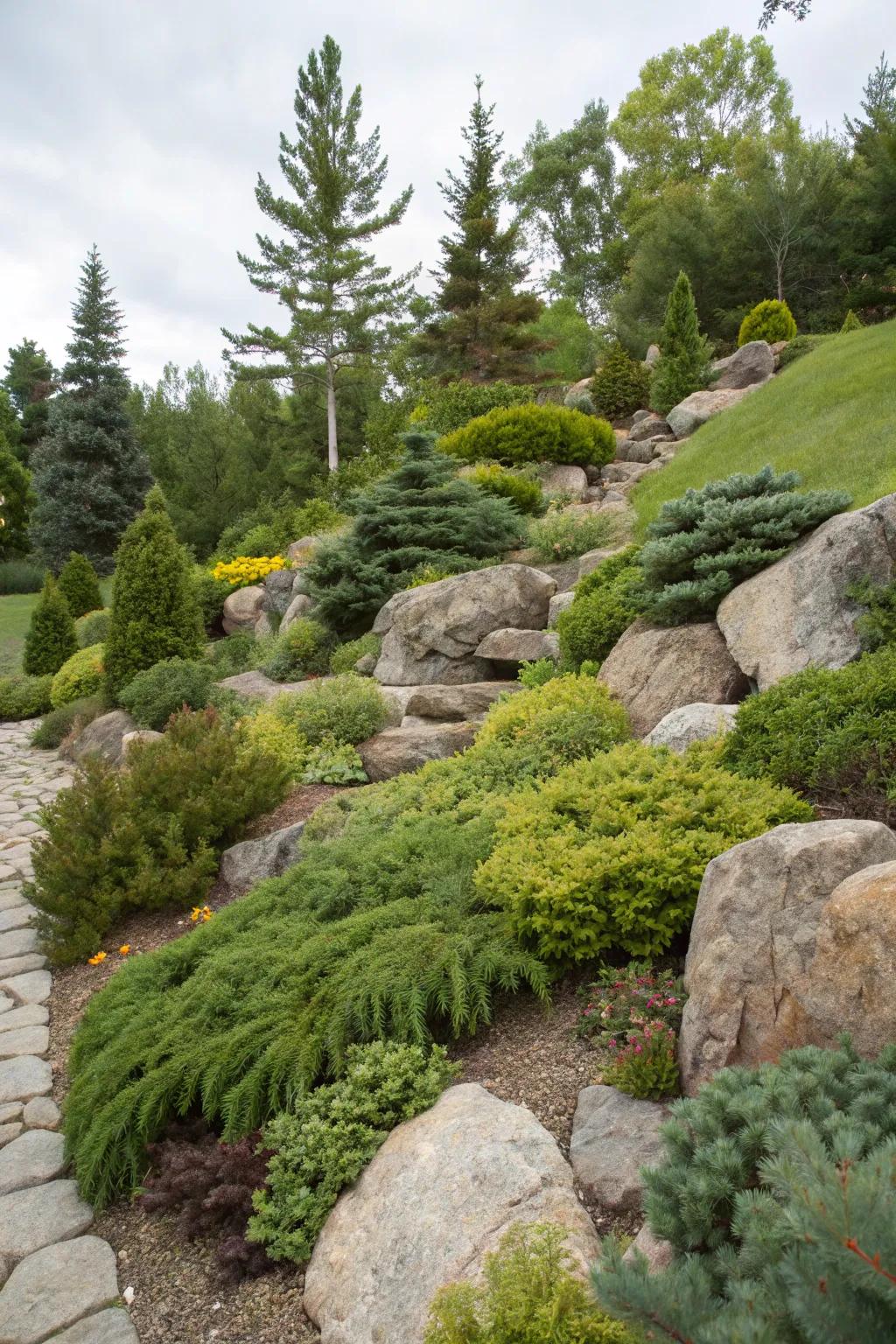 Evergreen bushes provide structure and vertical appeal.