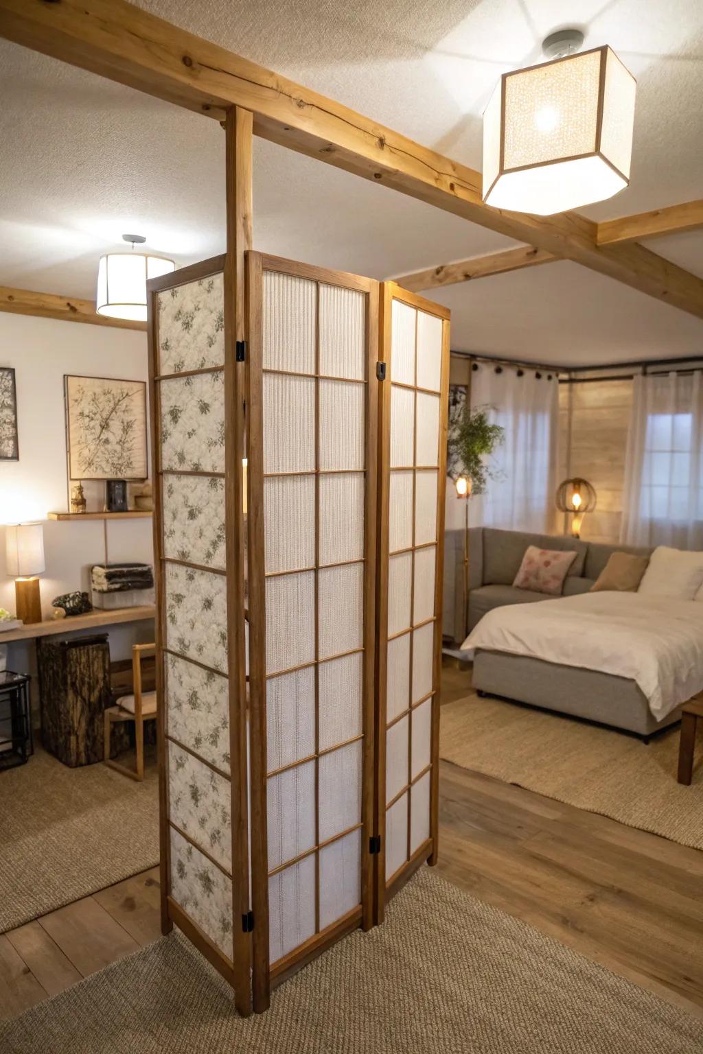 Artistic dividers can generate intimacy in open-plan Airbnb spaces.
