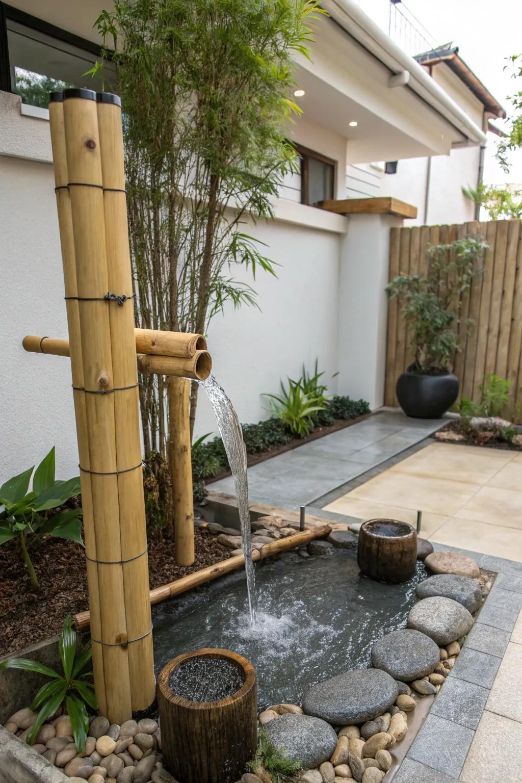 A cane waterfall conveys tranquility and simplicity to your garden.