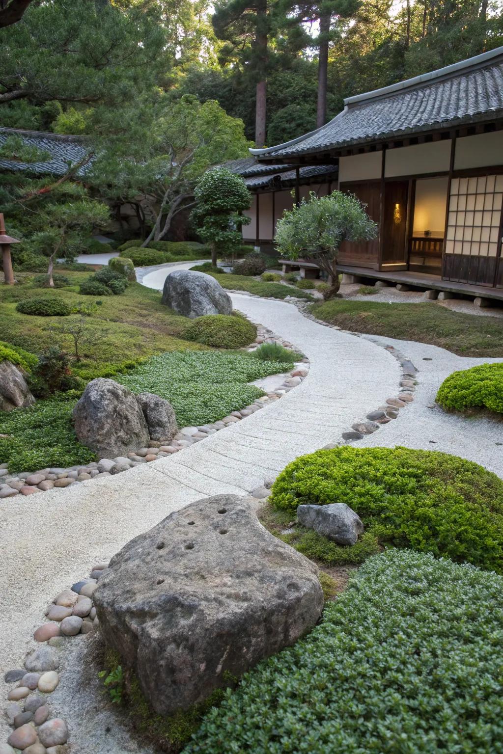 A zen garden with surface flora softening the space between stones and paths.