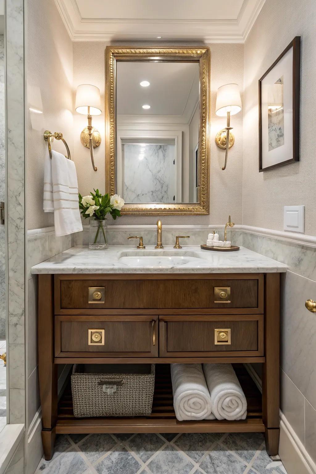 A marble top vanity that introduces luxurious elegance to a small restroom.