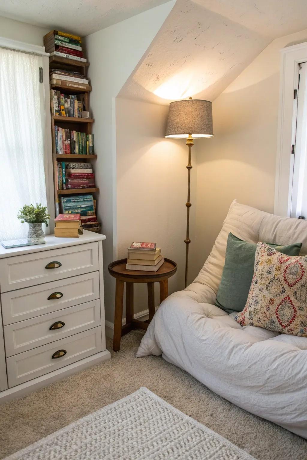 A compact bedroom featuring a cozy reading nook, ingeniously repurposed.