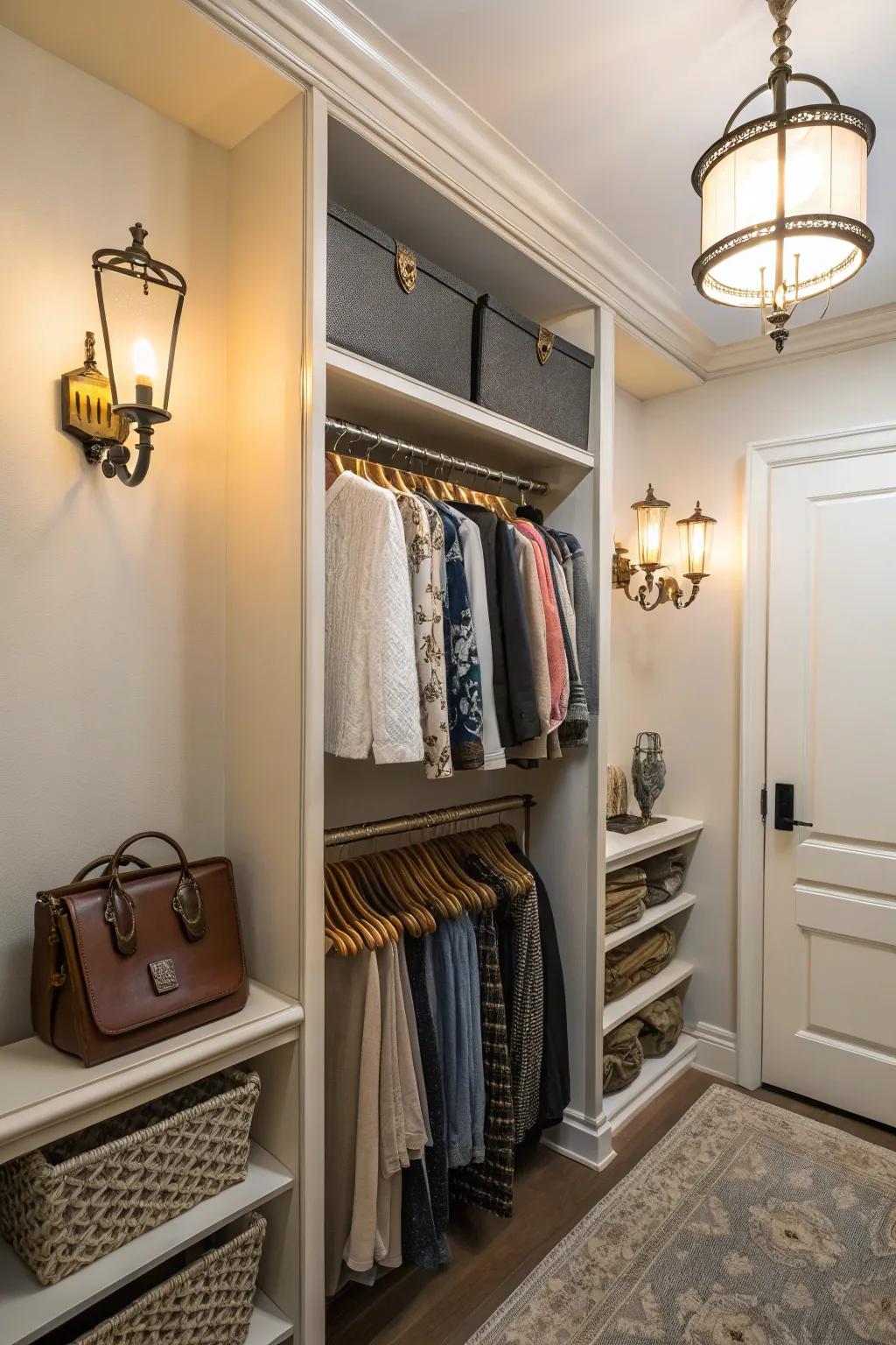 Wall lights add elegance and light to a small closet.