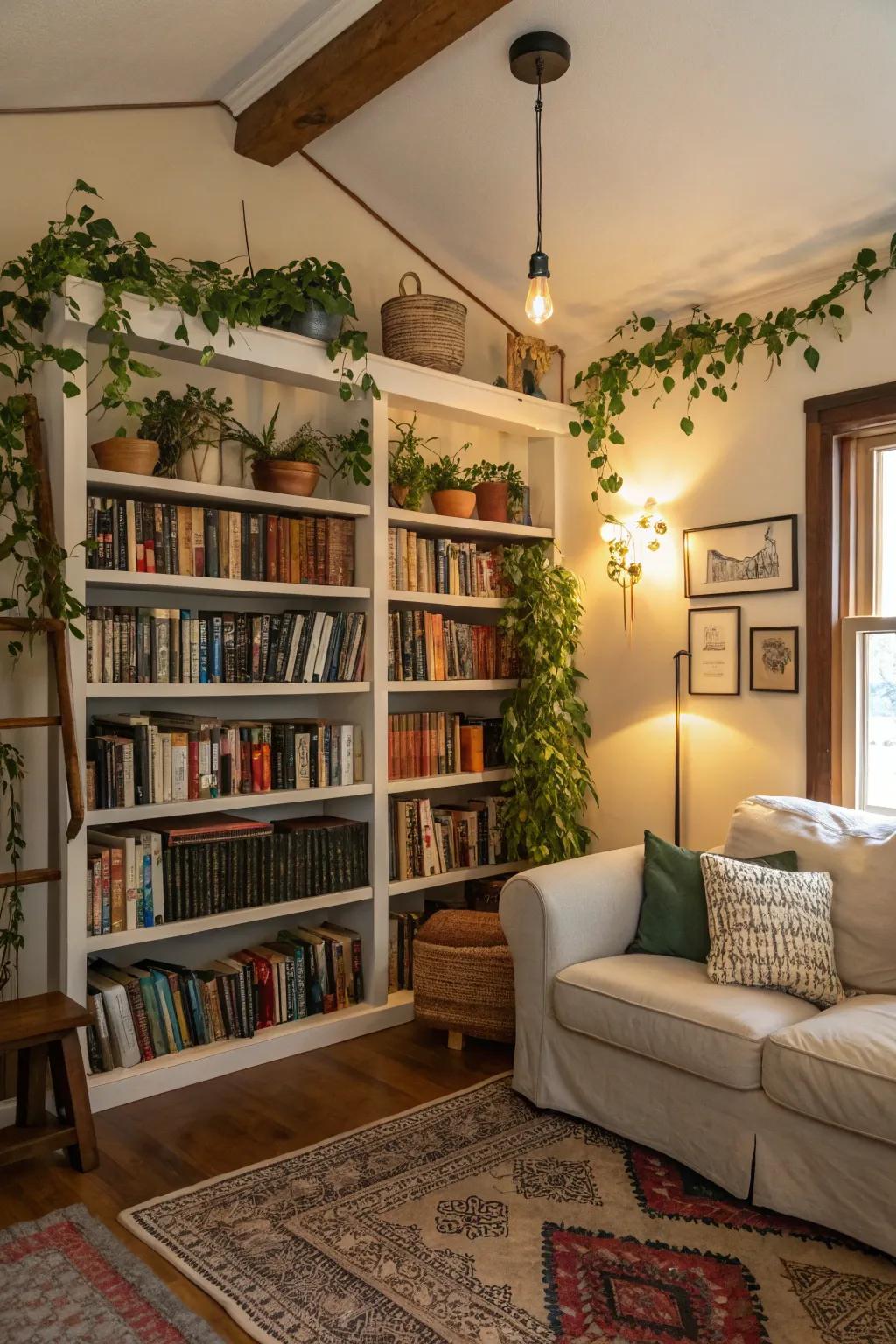 Vertical ambiance is maximized through shelving and flora within this dwelling room.
