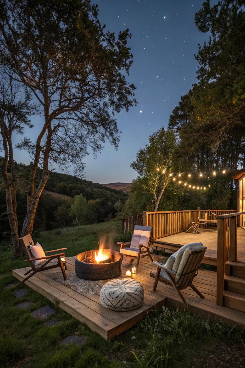A fire pit fosters a welcoming and cozy environment for gatherings.