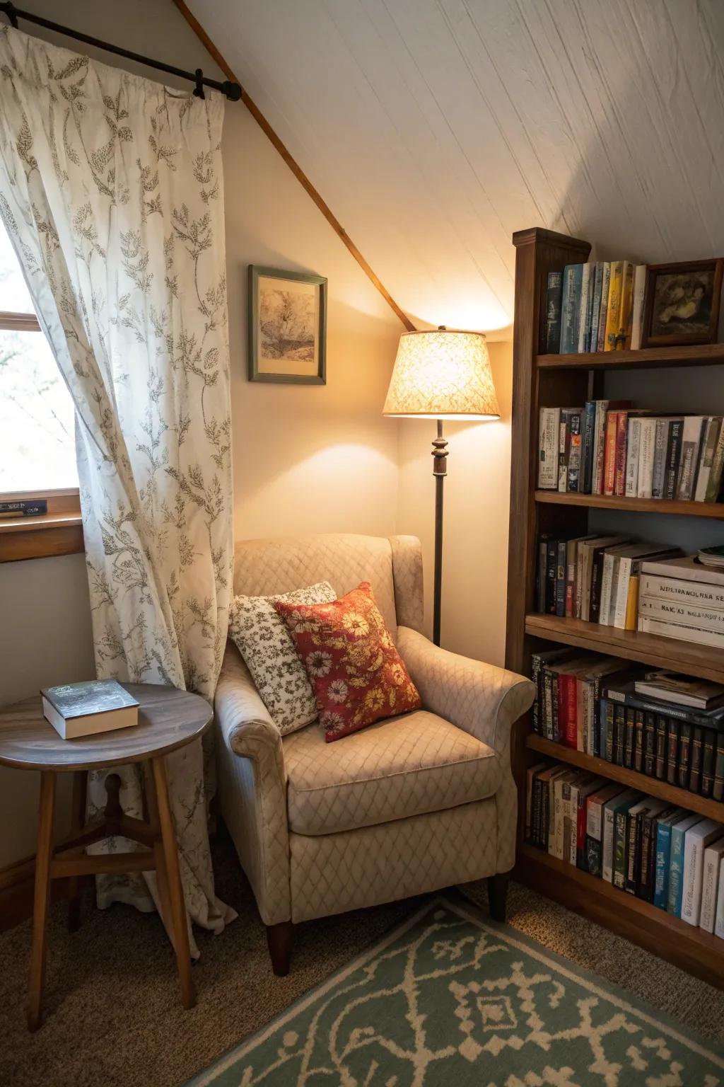 A reading corner transforms a den into a cozy retreat.