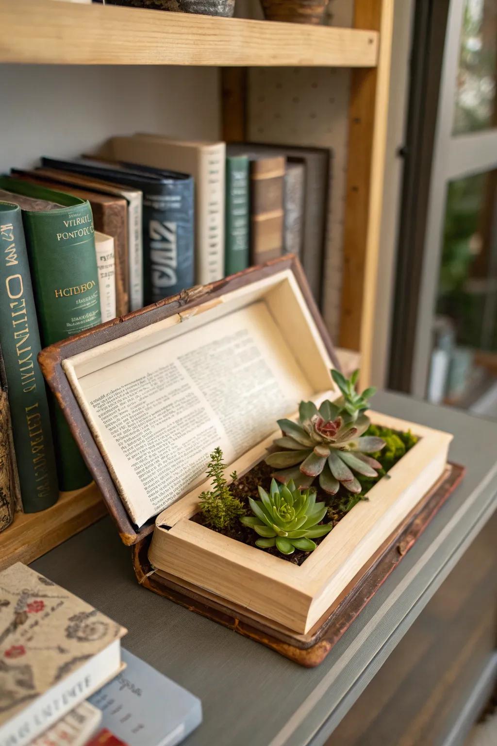 A tome planter interweaves literature with botanical allure.
