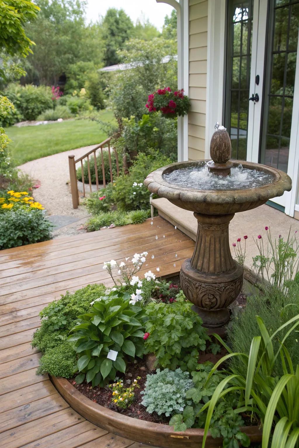 A water feature enhances the serenity of the area.