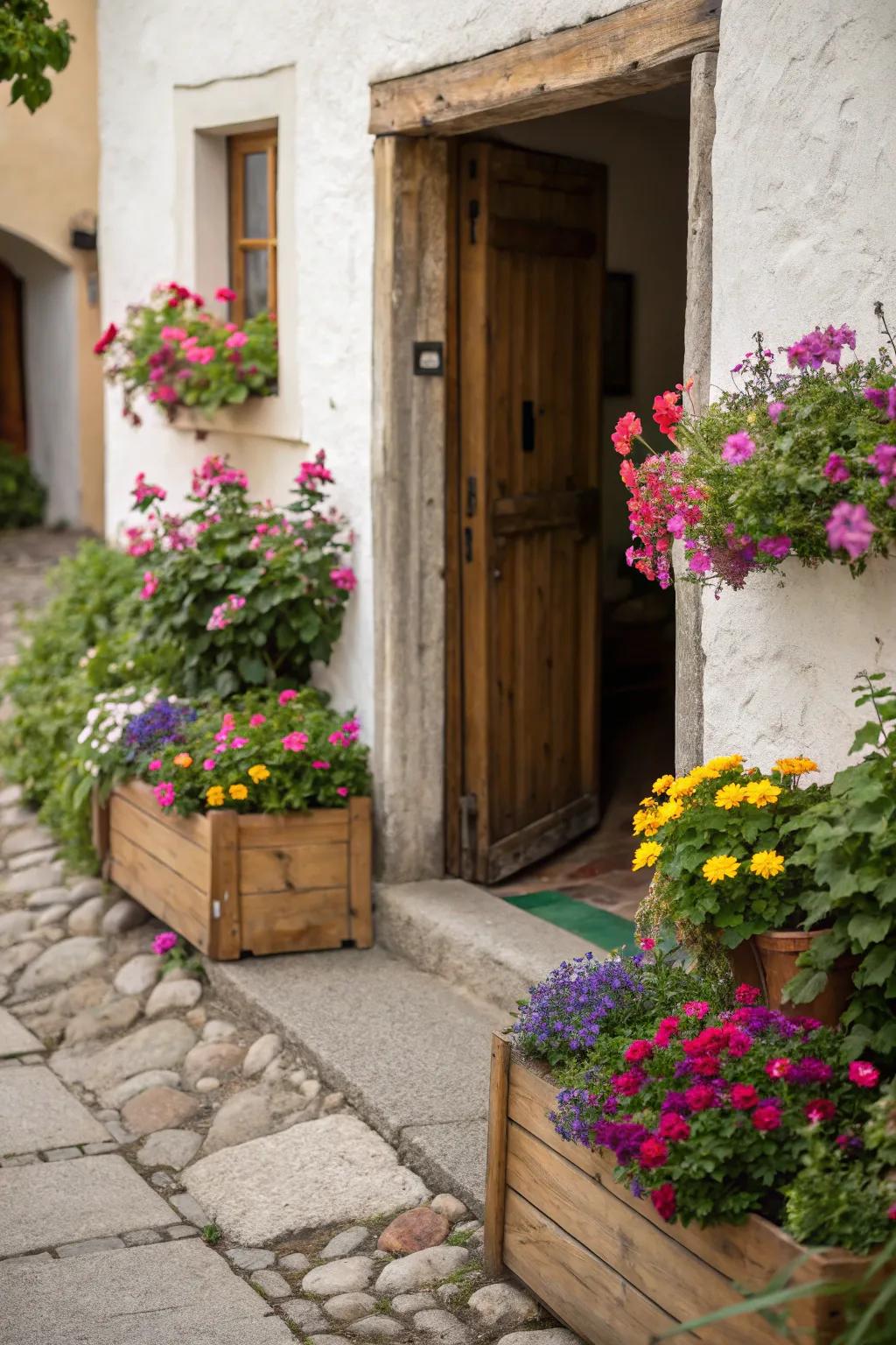 Planter boxes add color and life to a small entrance.