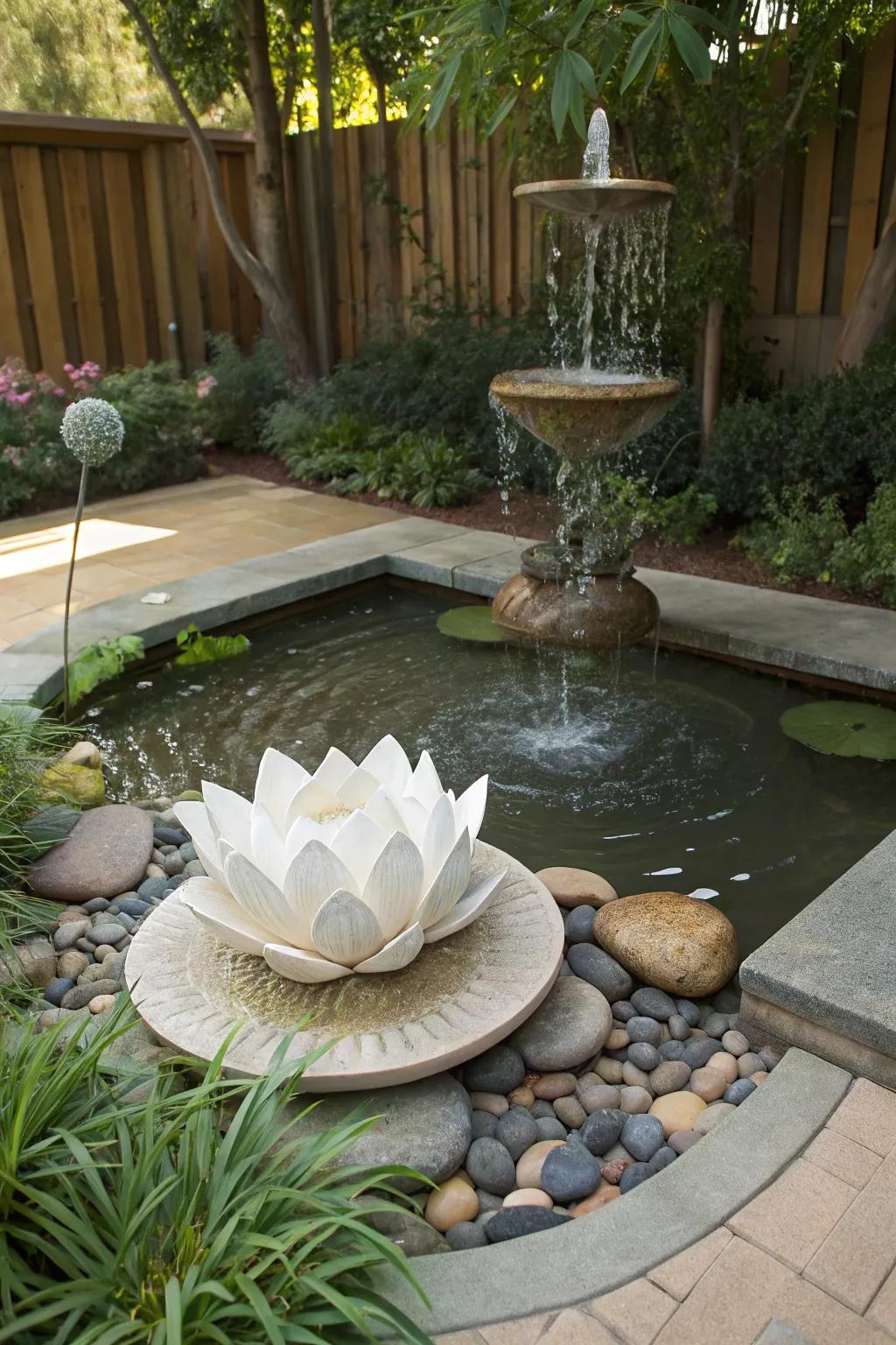 A drifting lotus water feature brings serenity and elegance.