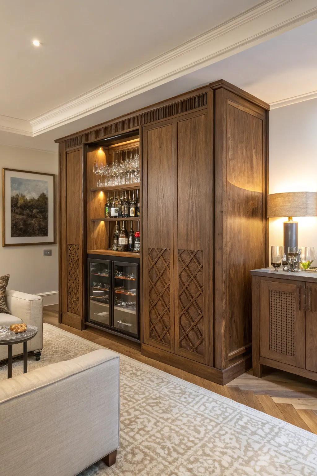 A covert bar unit ensures your space appears stylish and organized.