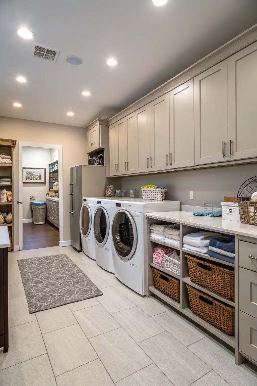A well-organized kitchen and laundry area designed for efficient task management.