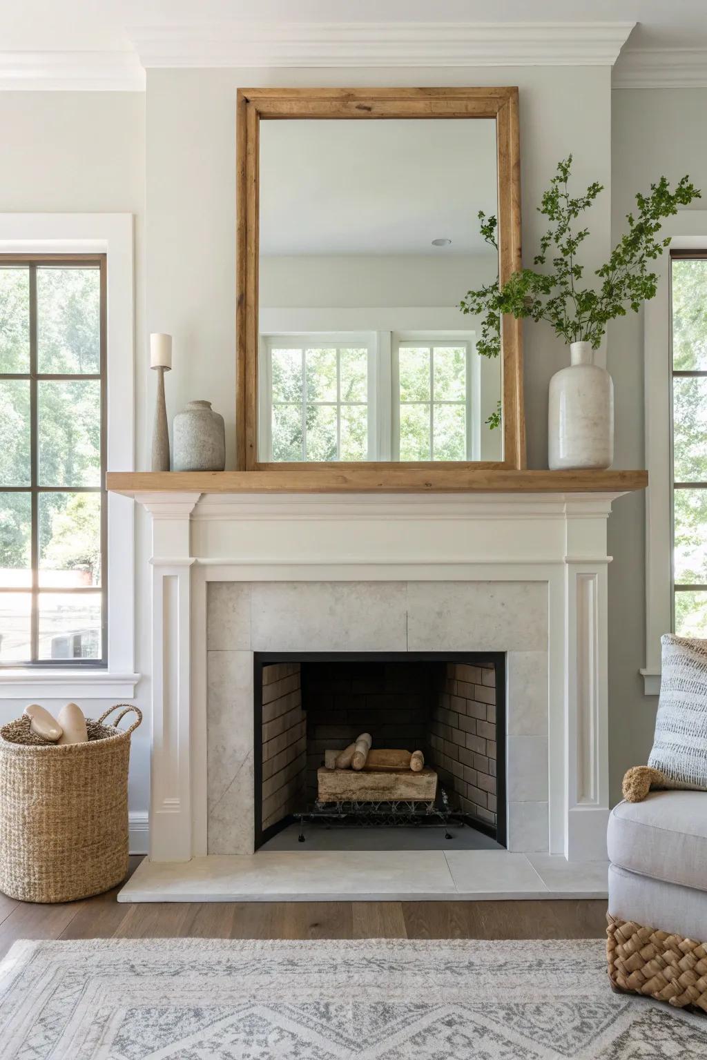Mirrors above the fireplace bounce light around the space, making it feel more open and brighter.
