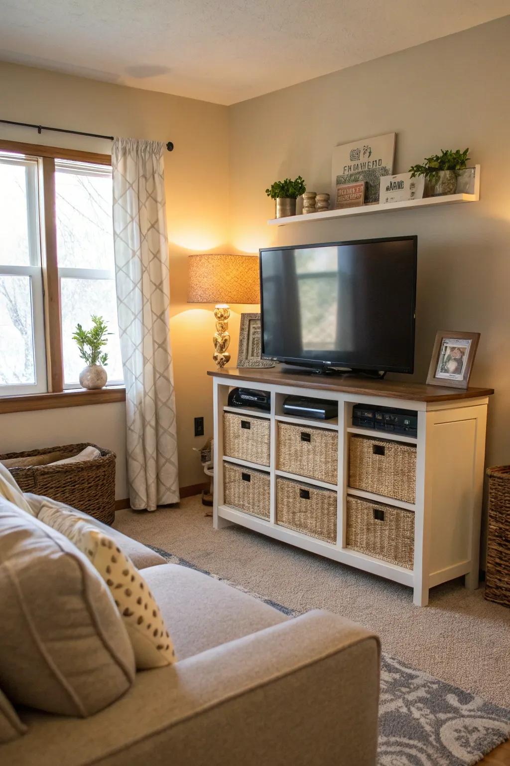 A media center with storage is perfect for keeping your accessories neat.