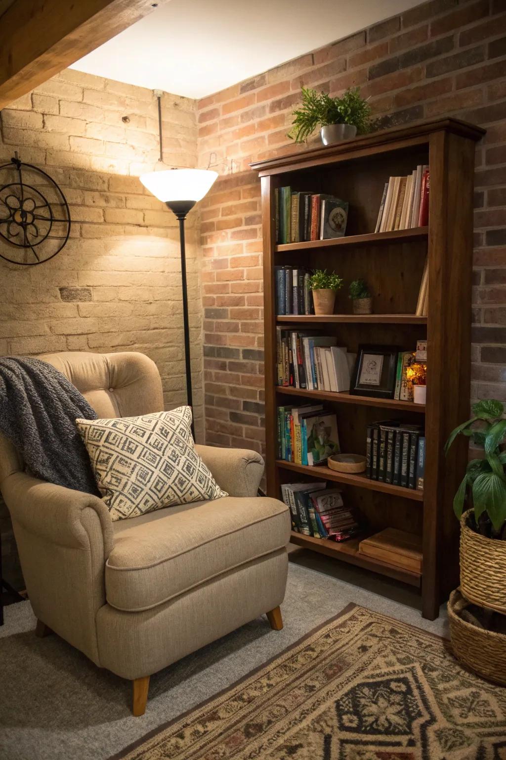 A reading alcove showcasing a snug chair and a bookshelf furnishes a serene getaway.
