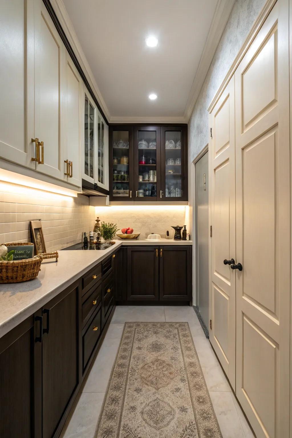 Two-tone cupboards contribute visual intrigue and dimension.