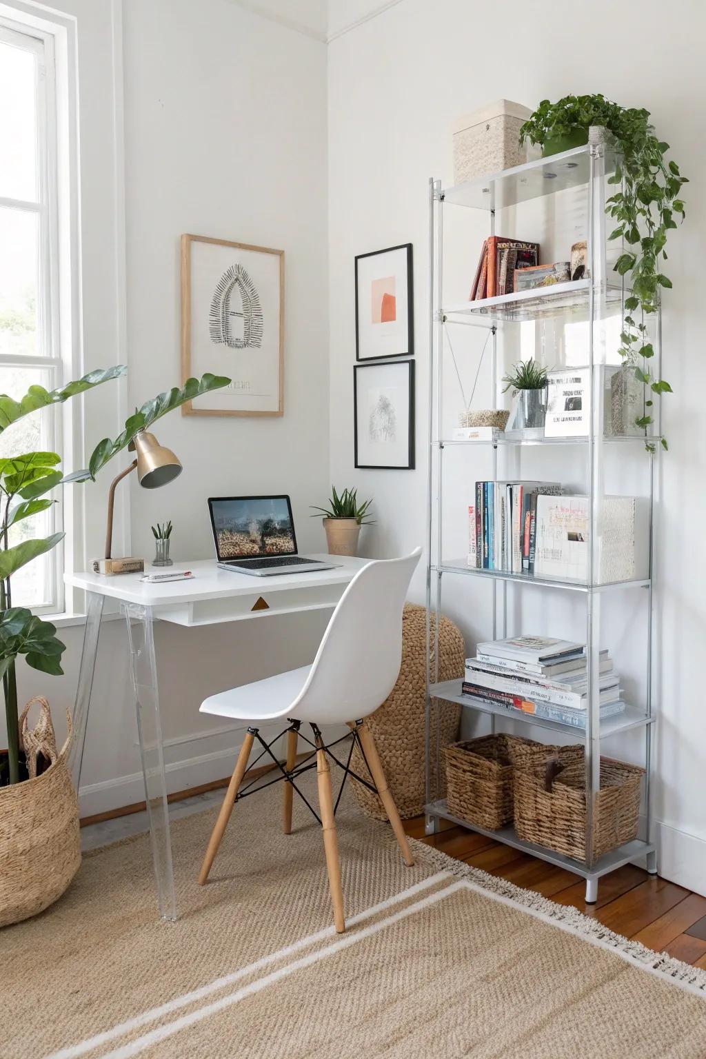 See-through furniture maintains openness and minimizes visual clutter.