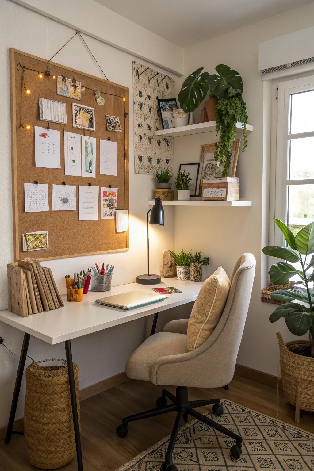 A wall featuring a bulletin board, blending functionality and style.