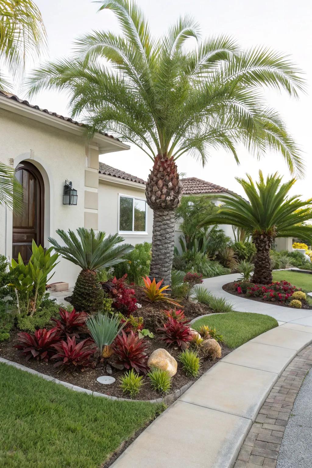 Succulents and palms create a beautiful, low-maintenance garden.