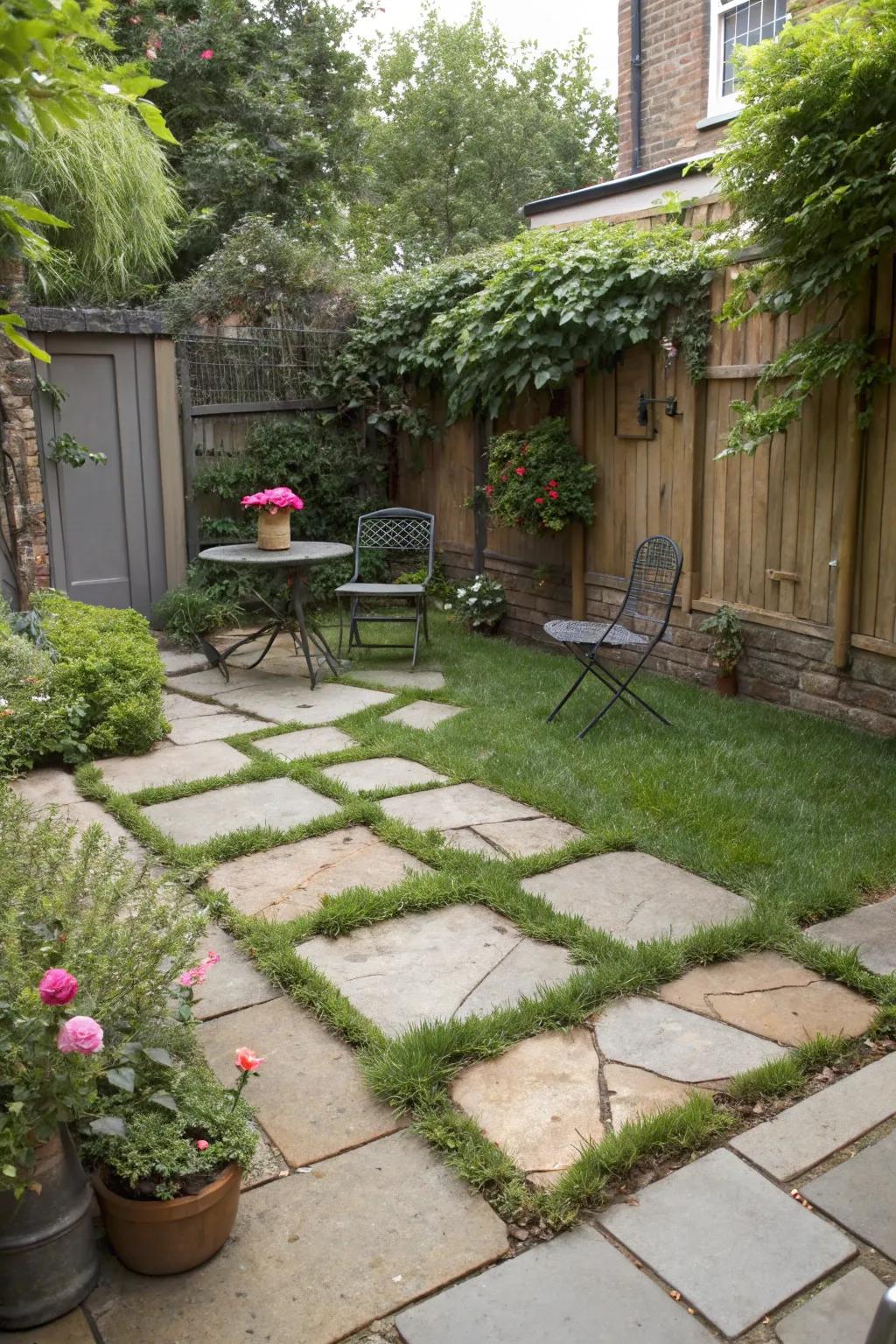 A small patio showcasing a natural blend of paving stones and flora.