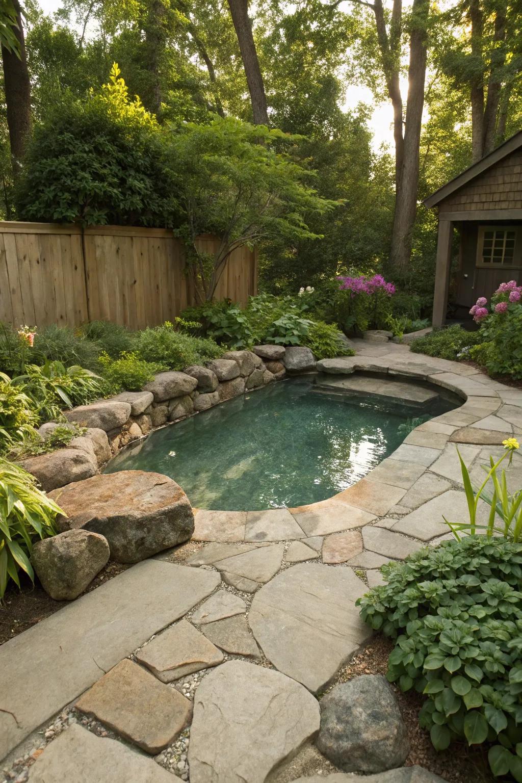 Organic stone surroundings give the pool a harmonious look with the garden landscape.