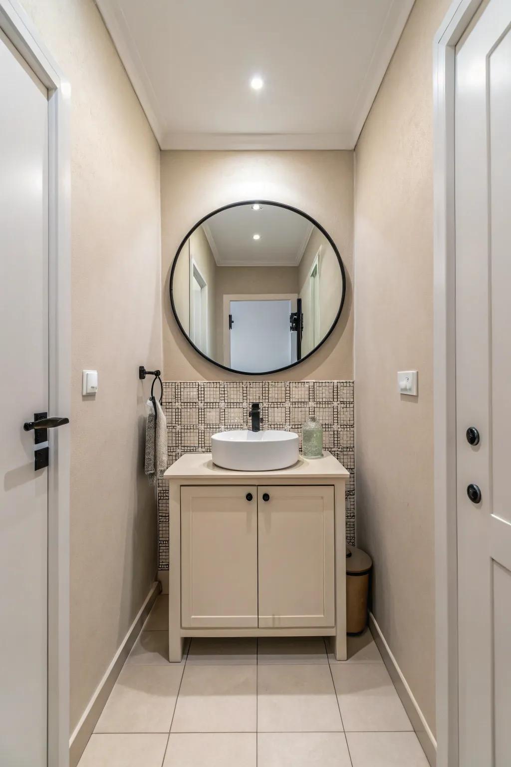 Circular mirrors enhance flow and add contemporary charm.