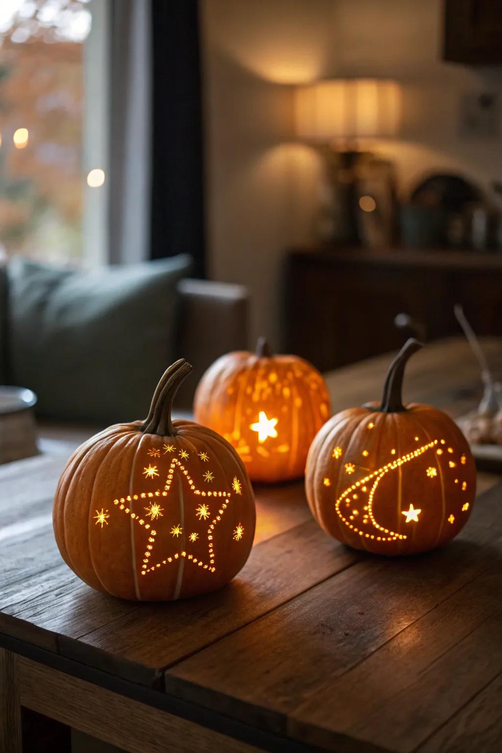 Star map-sculpted squashes create an esoteric, starry ambiance.