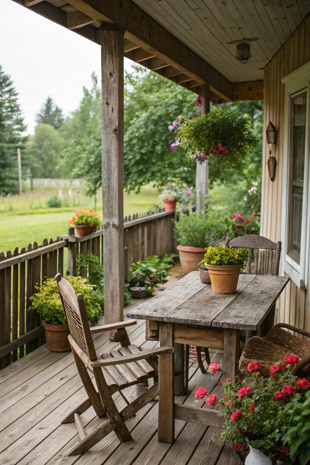 A side porch with country style wooden furniture and natural ornaments.