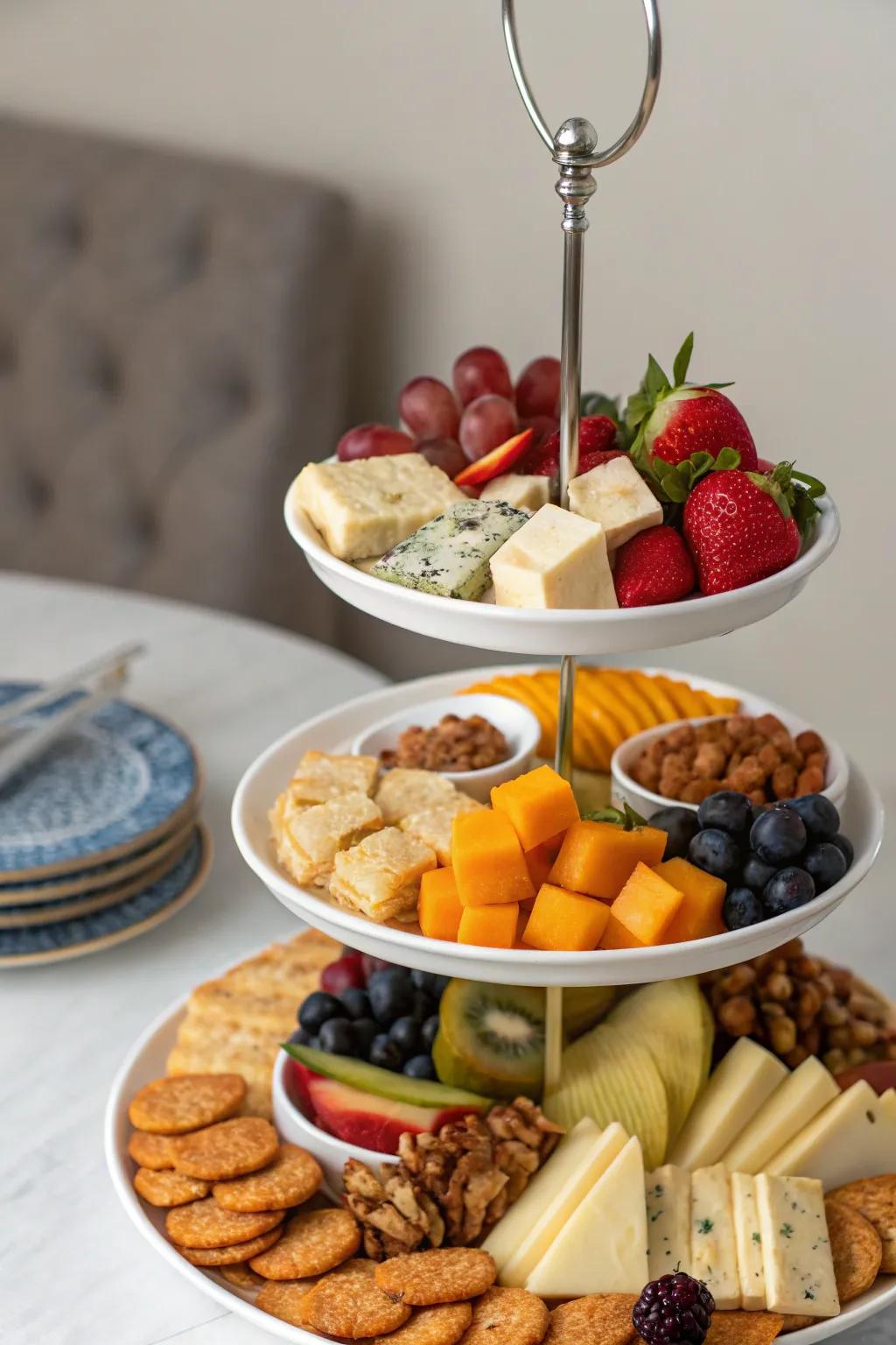 Multi-level trays maximize space and offer a visually appealing way to display snacks.