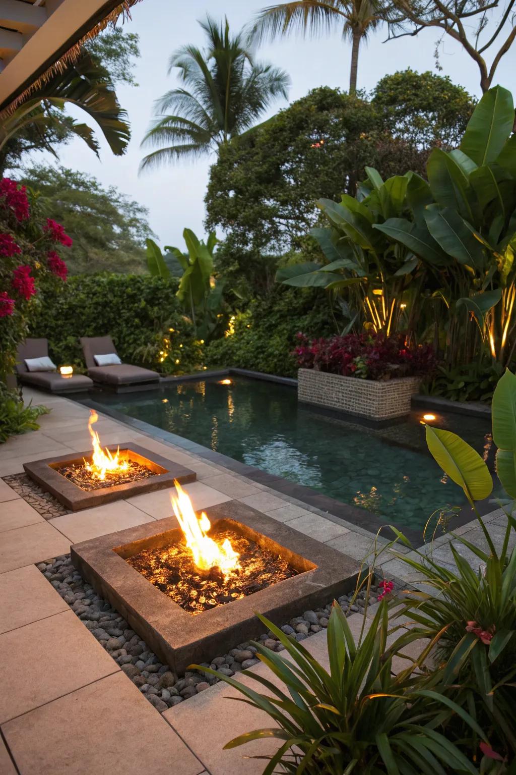 Heat elements contribute warmth and atmosphere to your tropical hideaway.