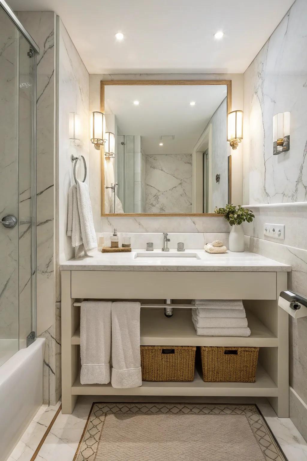 Subtle shades complement marble for a serene atmosphere.