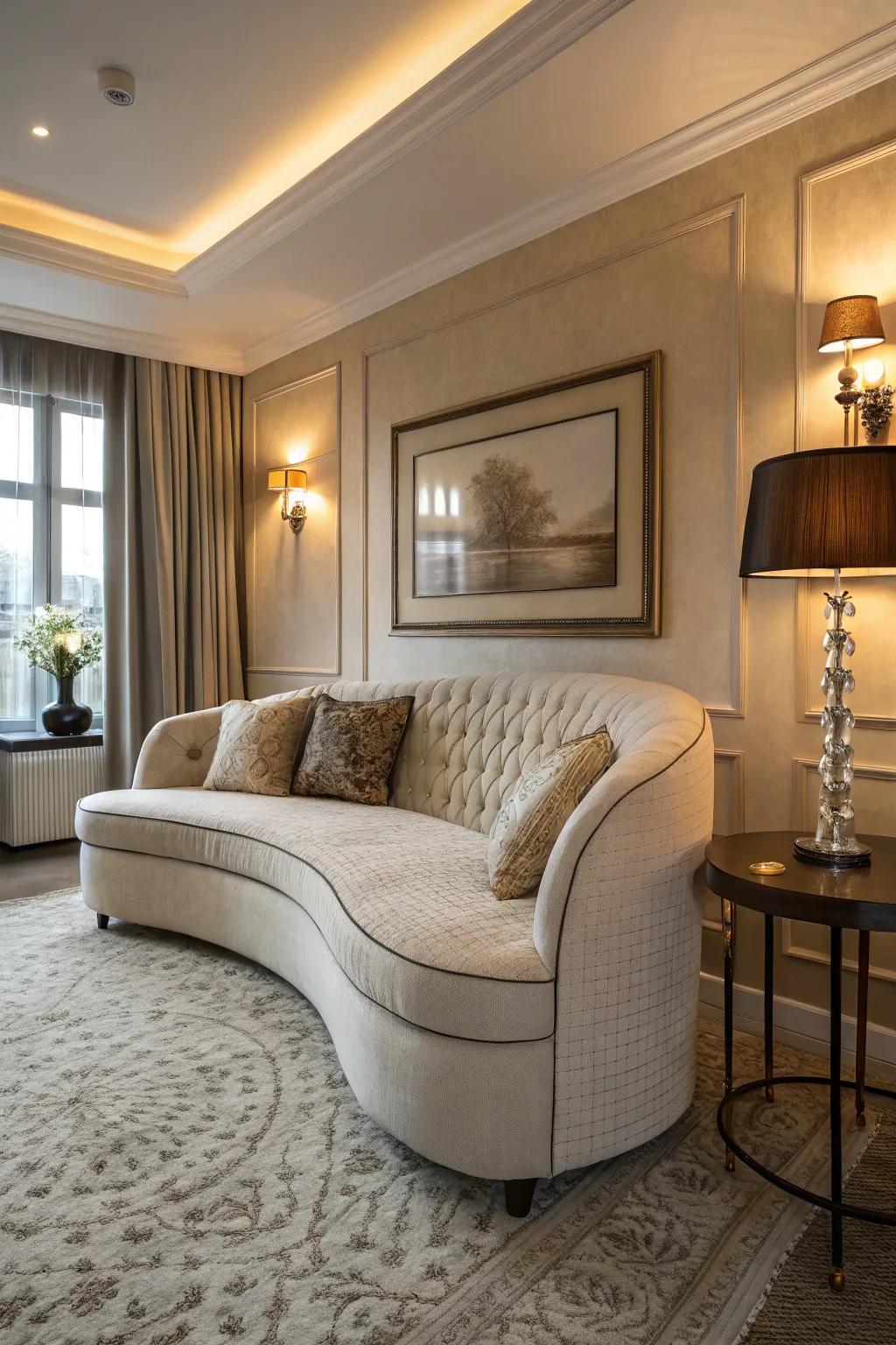 A curved couch softens the angles within a petite living area.