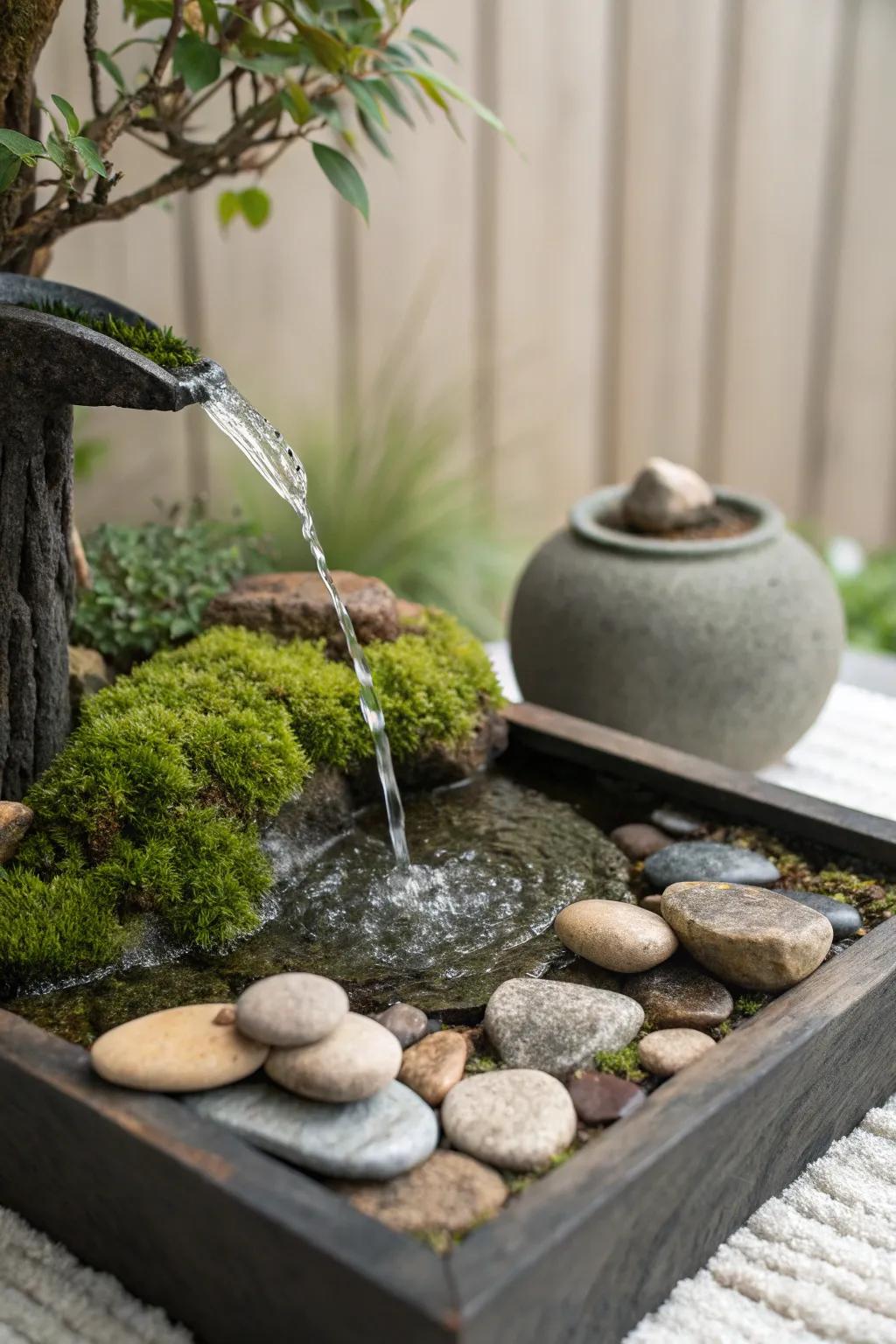 A peaceful miniature Zen garden enhanced by a sun-driven fountain.