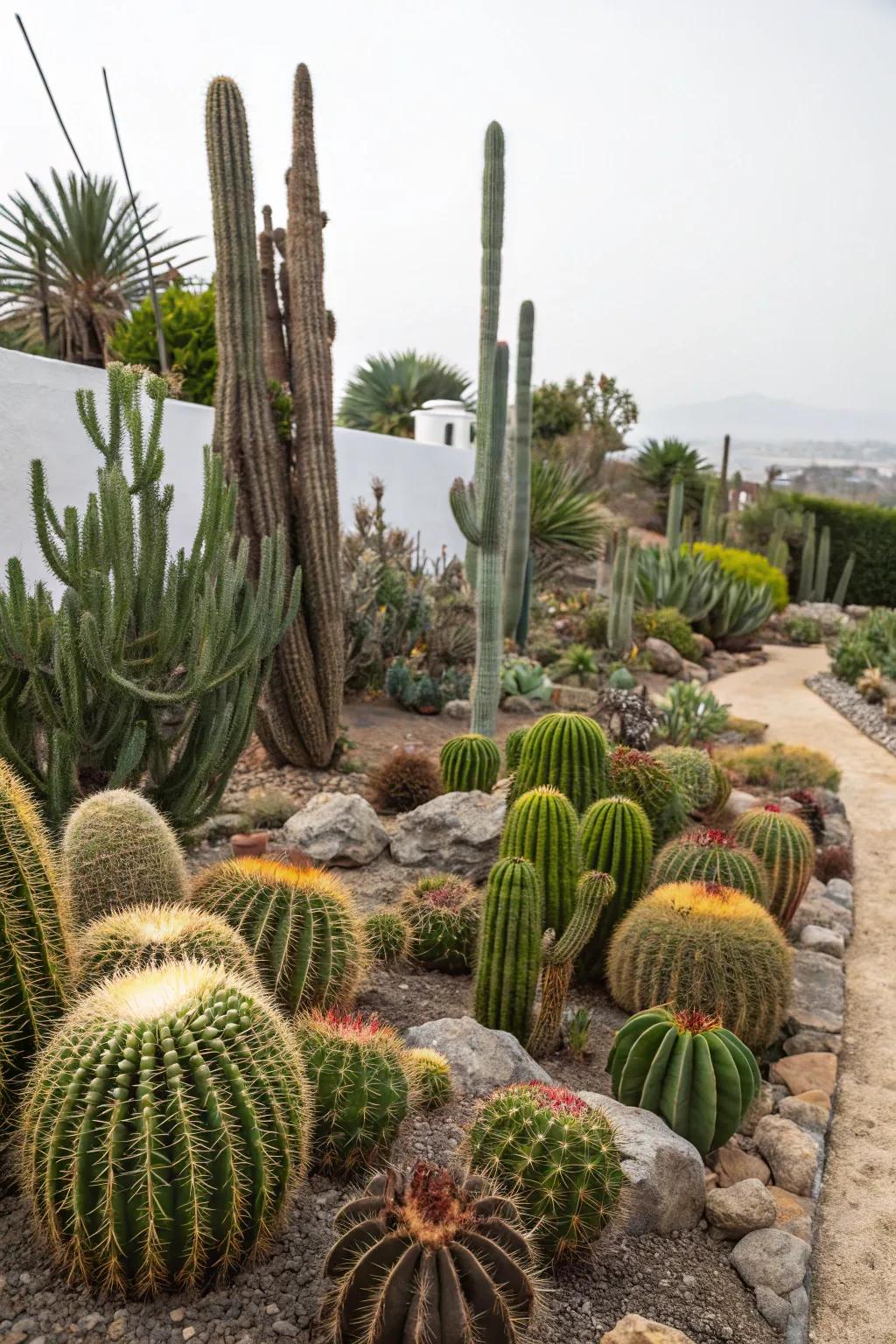 A cactus display filled with unique and impressive cacti.