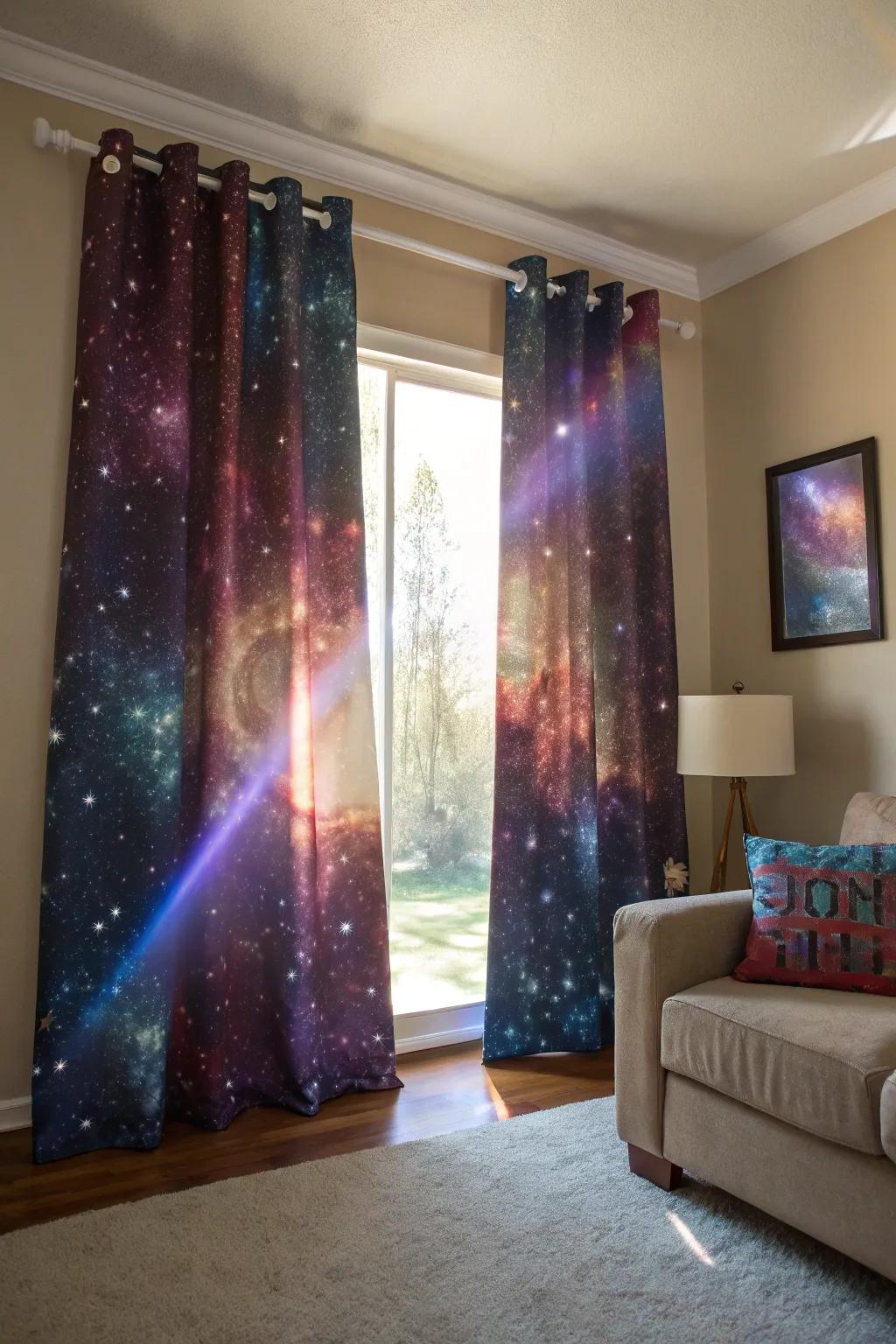 Drapes featuring a space motif that frame your view with cosmic beauty.